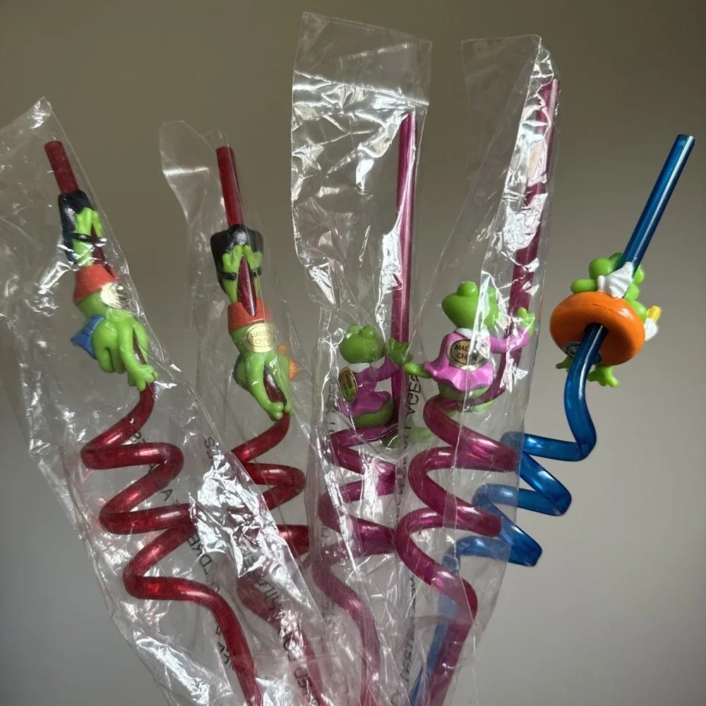 Vintage Lot Of 5 Frog Twirly Straws 4 New And 1 Open Box Birthday Party Fun